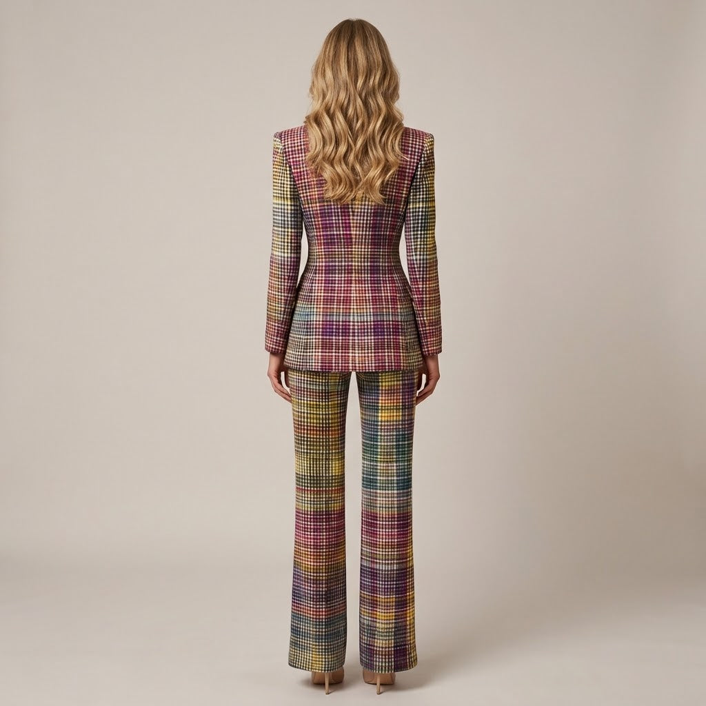 Women's Check Trouser Suit — Two Piece Double Breasted Blazer Set