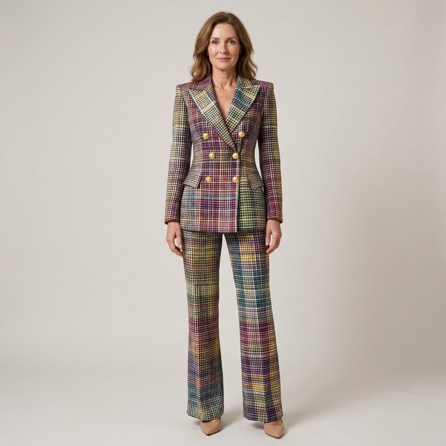 Women's Check Trouser Suit — Two Piece Double Breasted Blazer Set