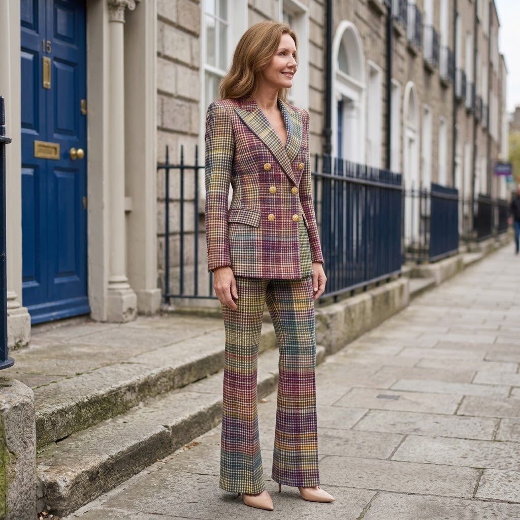 Women's Check Trouser Suit — Two Piece Double Breasted Blazer Set