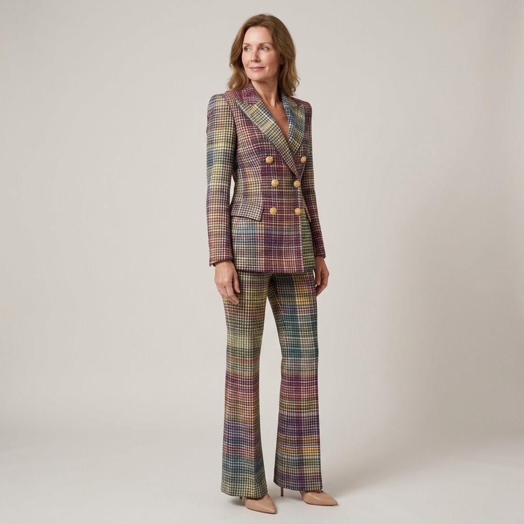 Women's Check Trouser Suit — Two Piece Double Breasted Blazer Set