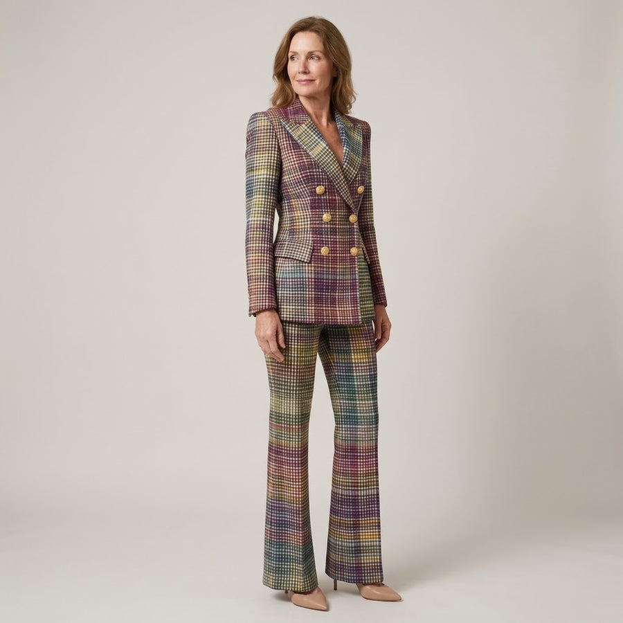Women's Check Trouser Suit — Two Piece Double Breasted Blazer Set