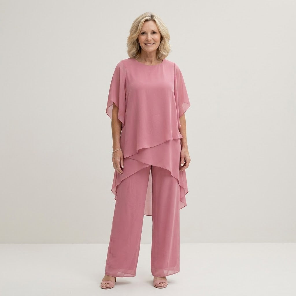 Clara Chiffon 2-Piece Set — Women's Layered Overlay Top Wide Leg Trouser Set