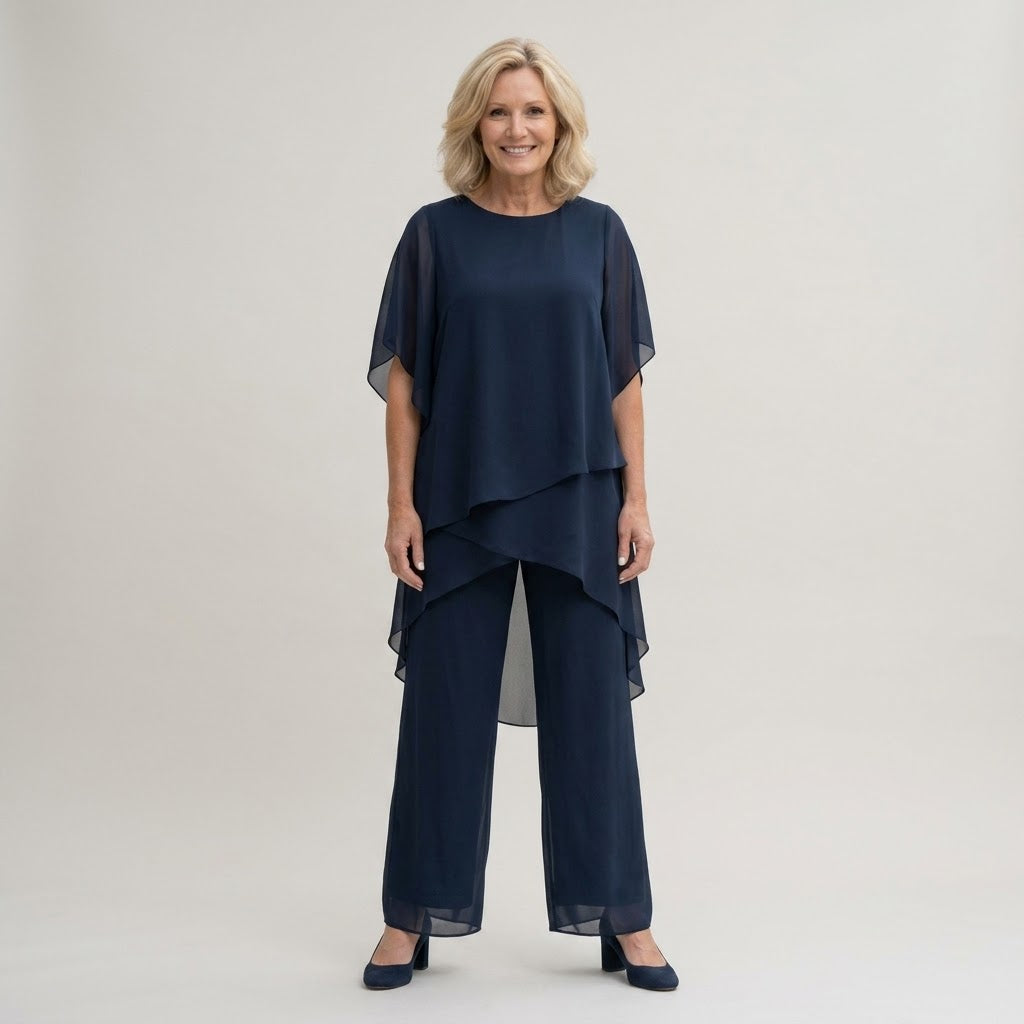 Clara Chiffon 2-Piece Set — Women's Layered Overlay Top Wide Leg Trouser Set