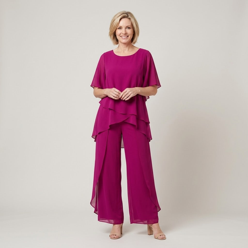 Clara Chiffon 2-Piece Set — Women's Layered Overlay Top Wide Leg Trouser Set