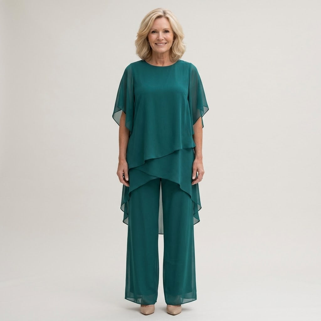 Clara Chiffon 2-Piece Set — Women's Layered Overlay Top Wide Leg Trouser Set
