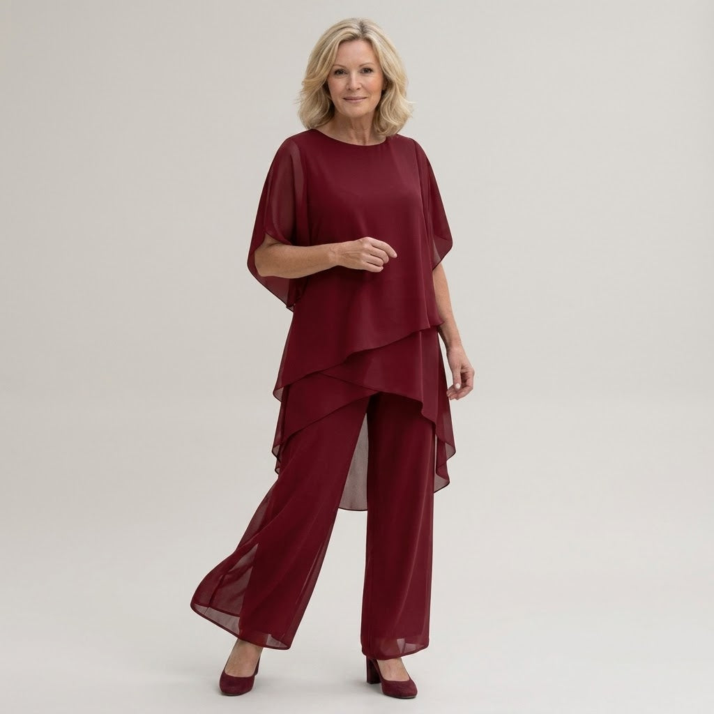 Clara Chiffon 2-Piece Set — Women's Layered Overlay Top Wide Leg Trouser Set