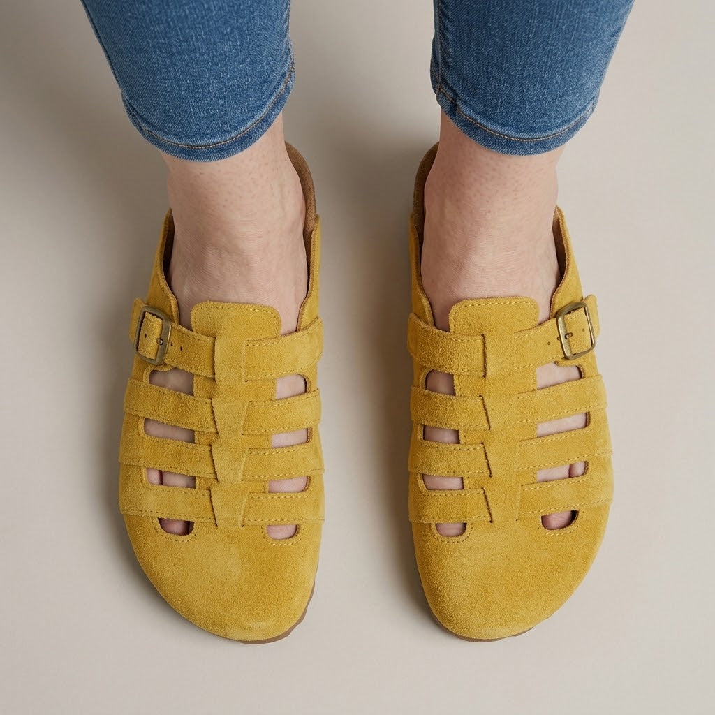 Women's Yellow Closed Toe Mules — Buckle Cut-Out Slip-On Clog Sandals