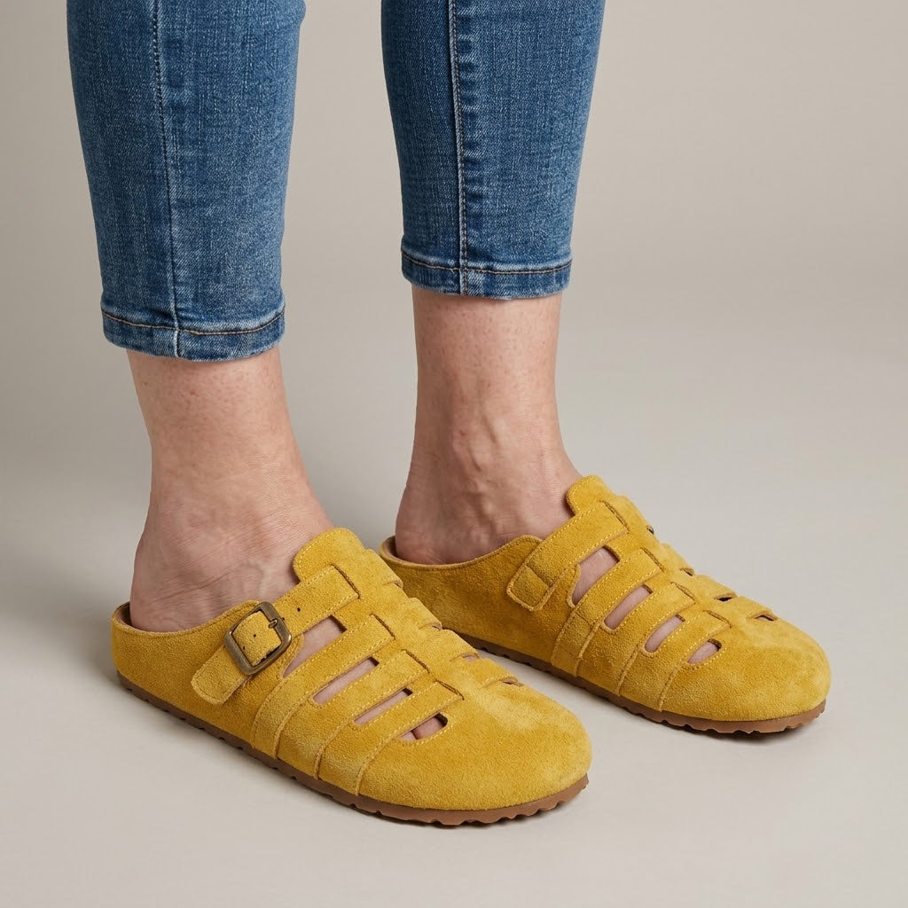 Women's Yellow Closed Toe Mules — Buckle Cut-Out Slip-On Clog Sandals