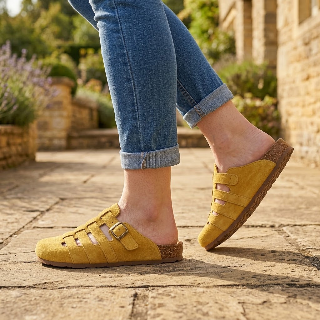 Women's Yellow Closed Toe Mules — Buckle Cut-Out Slip-On Clog Sandals