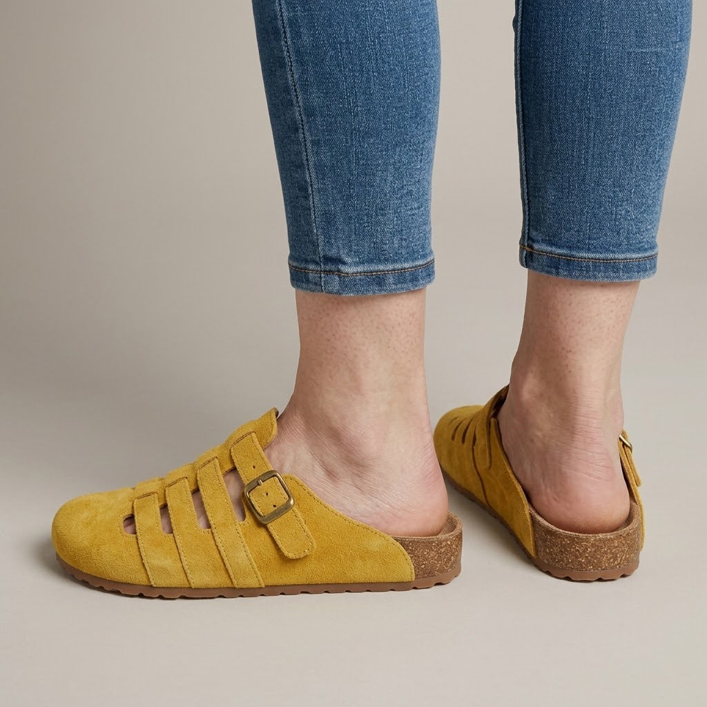Women's Yellow Closed Toe Mules — Buckle Cut-Out Slip-On Clog Sandals