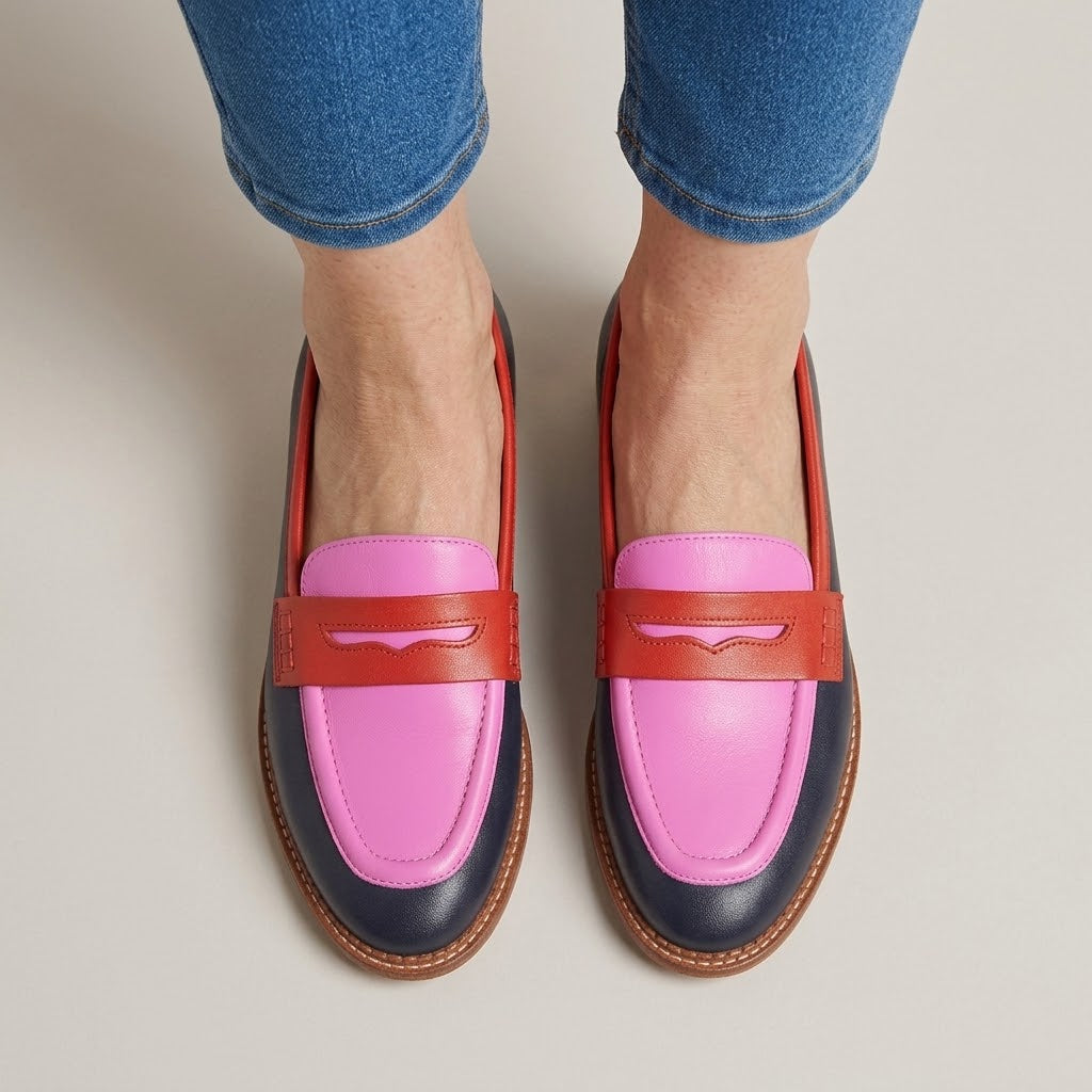 Women's Pink Colourblock Loafers — Slip-On Penny Flat Shoes