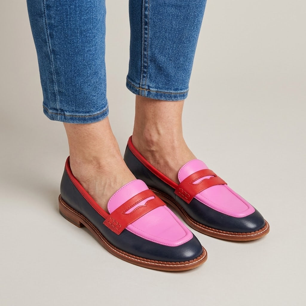 Women's Pink Colourblock Loafers — Slip-On Penny Flat Shoes