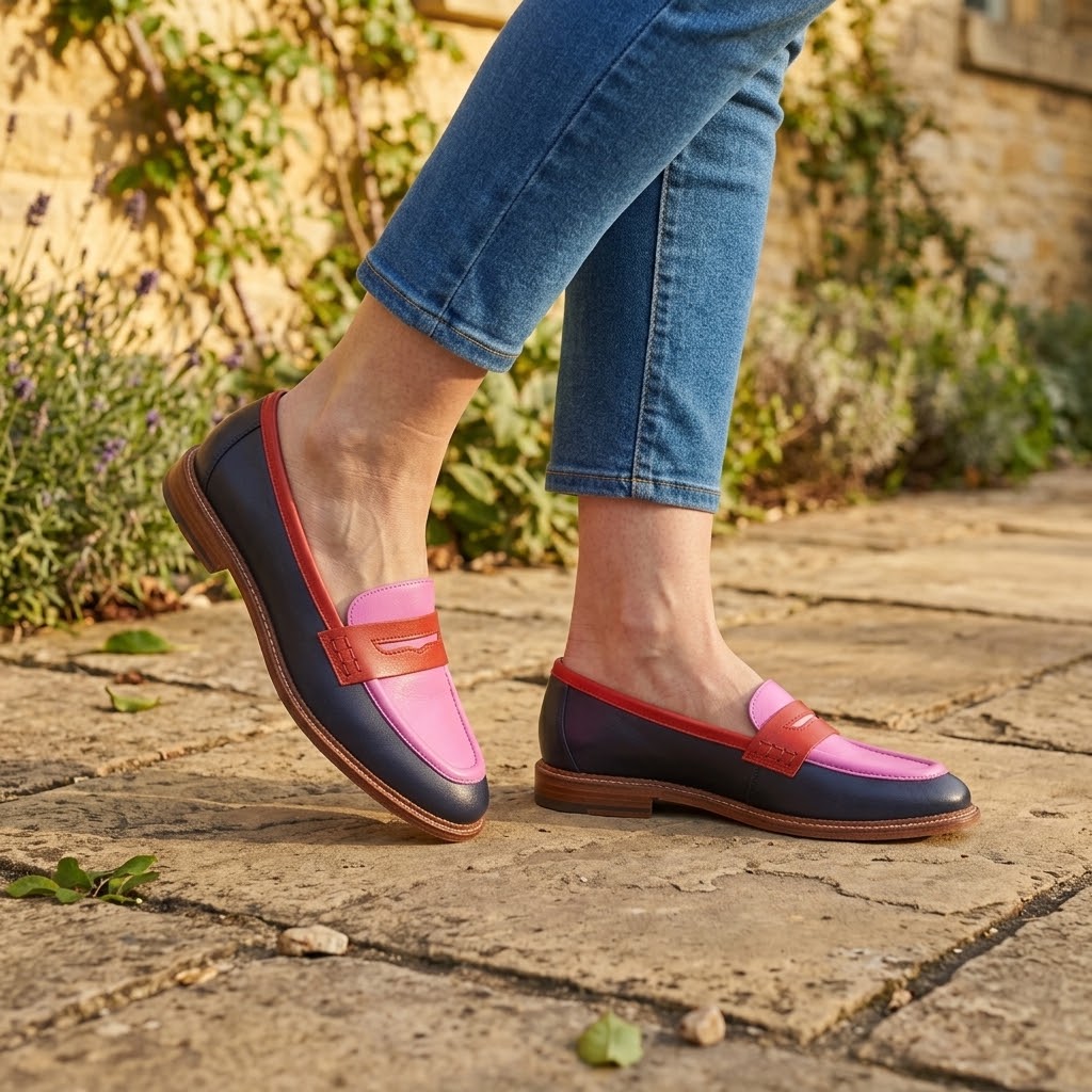 Women's Pink Colourblock Loafers — Slip-On Penny Flat Shoes