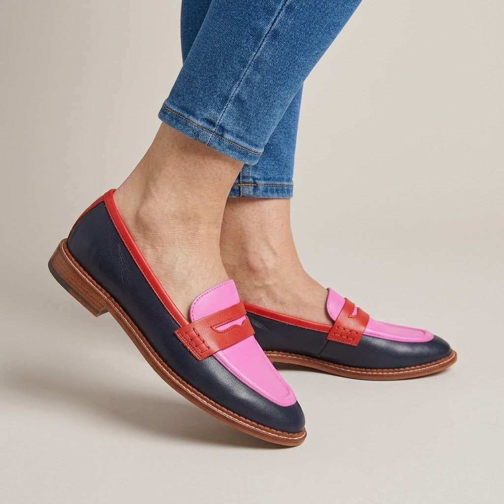 Women's Pink Colourblock Loafers — Slip-On Penny Flat Shoes
