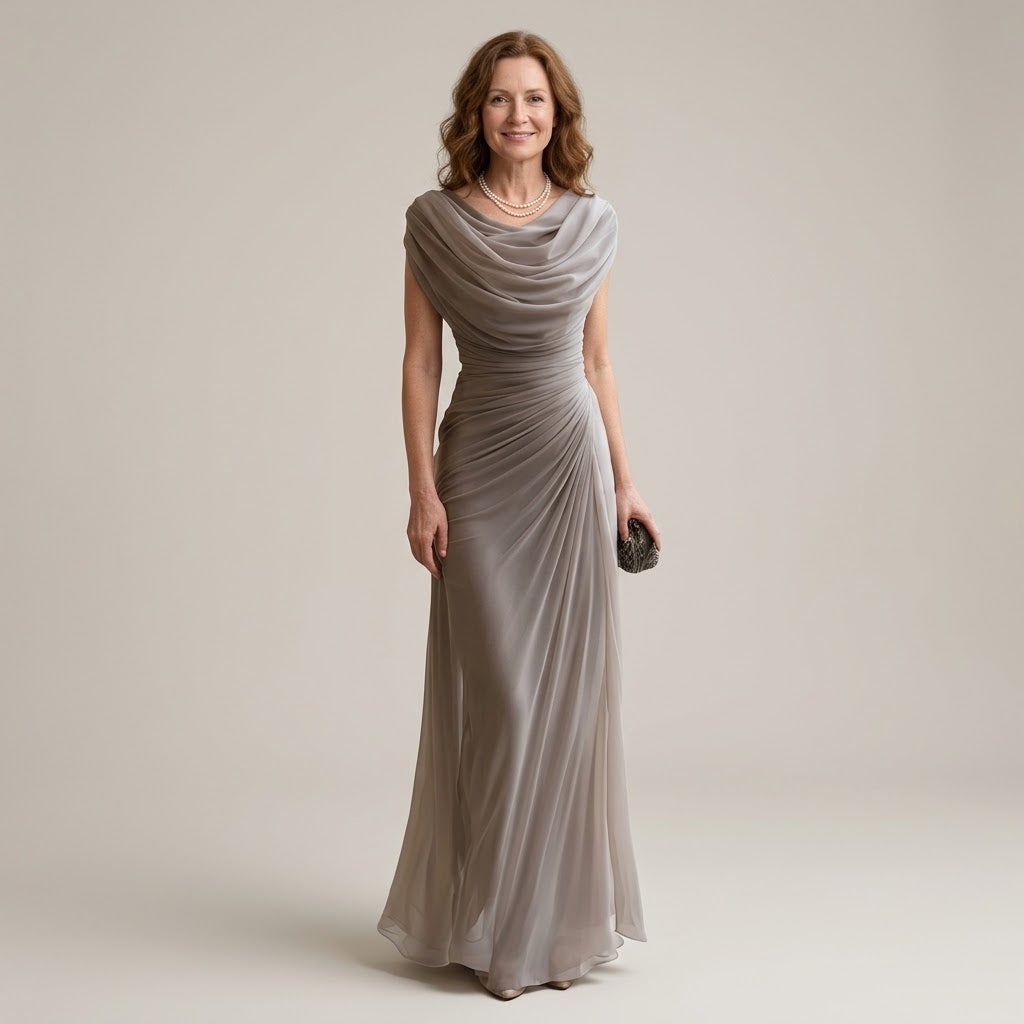 Women's Taupe Draped Maxi Dress — Cowl Neck Ruched Mother of the Bride Occasion Dress