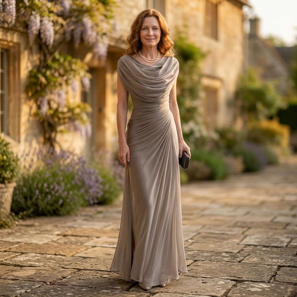 Women's Taupe Draped Maxi Dress — Cowl Neck Ruched Mother of the Bride Occasion Dress