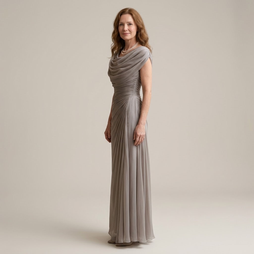 Women's Taupe Draped Maxi Dress — Cowl Neck Ruched Mother of the Bride Occasion Dress
