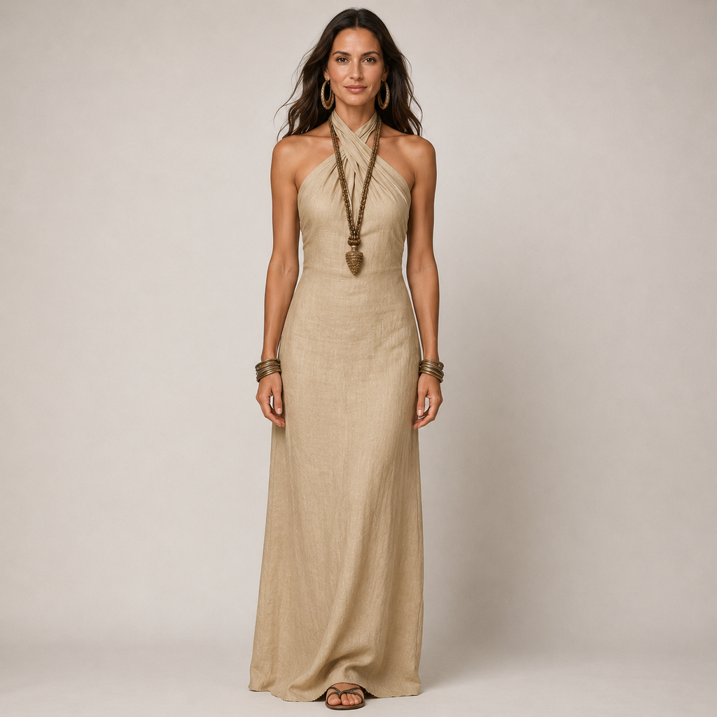 Clara Cross Halter Maxi Dress — Women's Sleeveless Wrap Neck Summer Dress