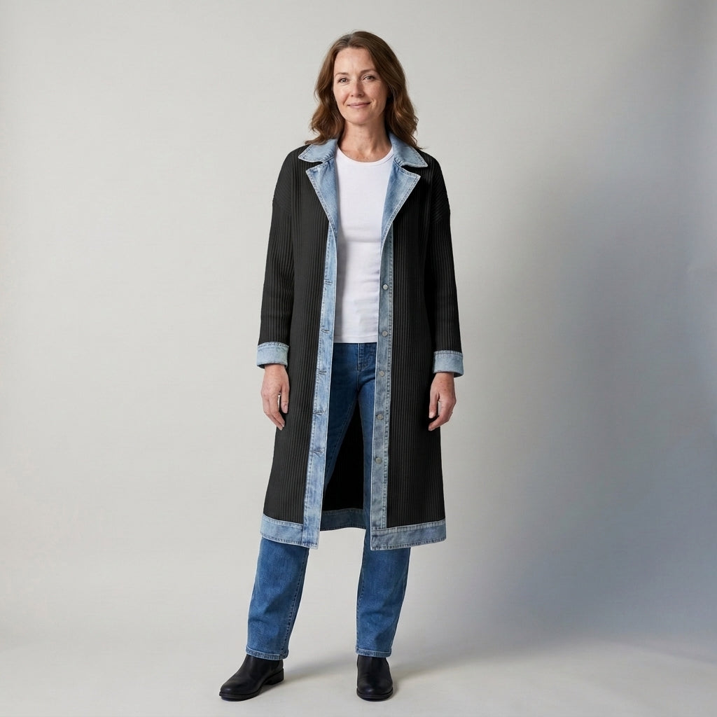 Ladies Longline Denim Trim Cardigan – Ribbed Knit Button Front Coatigan
