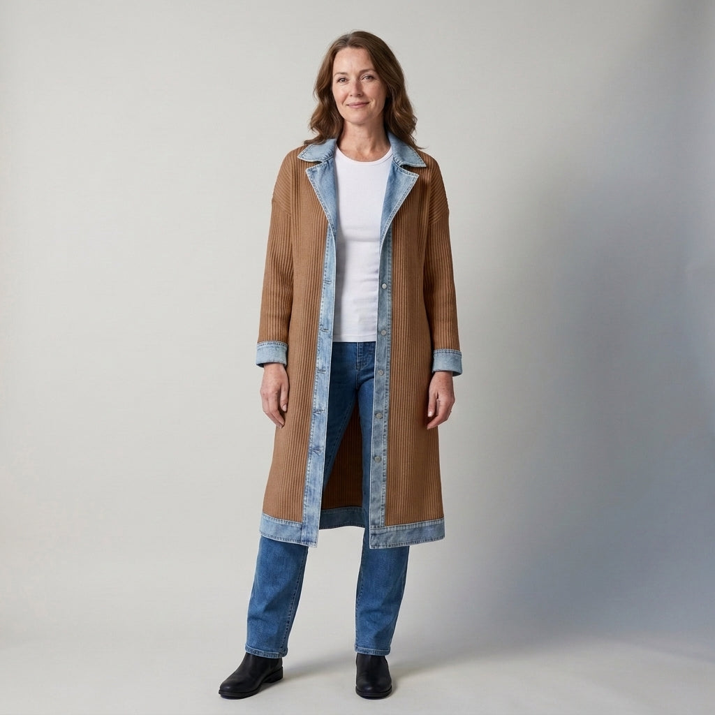 Ladies Longline Denim Trim Cardigan – Ribbed Knit Button Front Coatigan