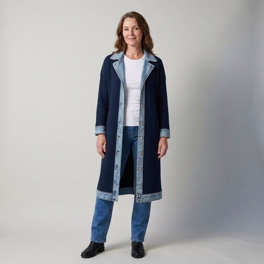 Ladies Longline Denim Trim Cardigan – Ribbed Knit Button Front Coatigan