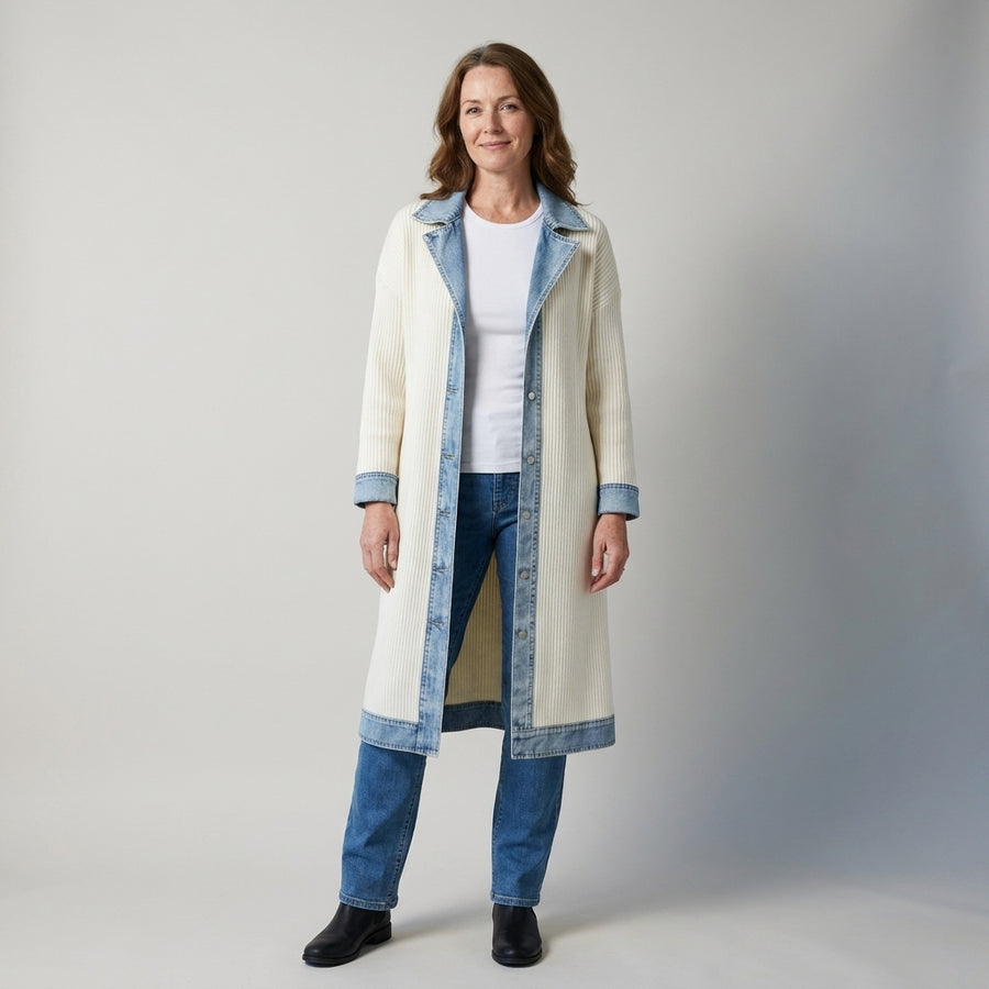 Ladies Longline Denim Trim Cardigan – Ribbed Knit Button Front Coatigan