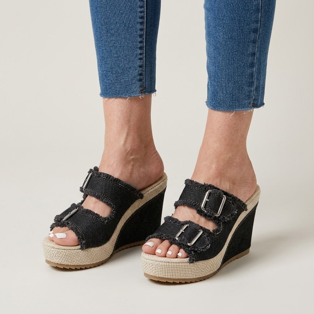 Women's Blue Denim Wedge Sandals — Open Toe Buckle Espadrille Platform Mules