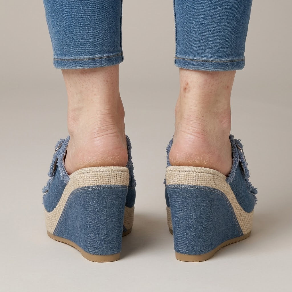Women's Blue Denim Wedge Sandals — Open Toe Buckle Espadrille Platform Mules