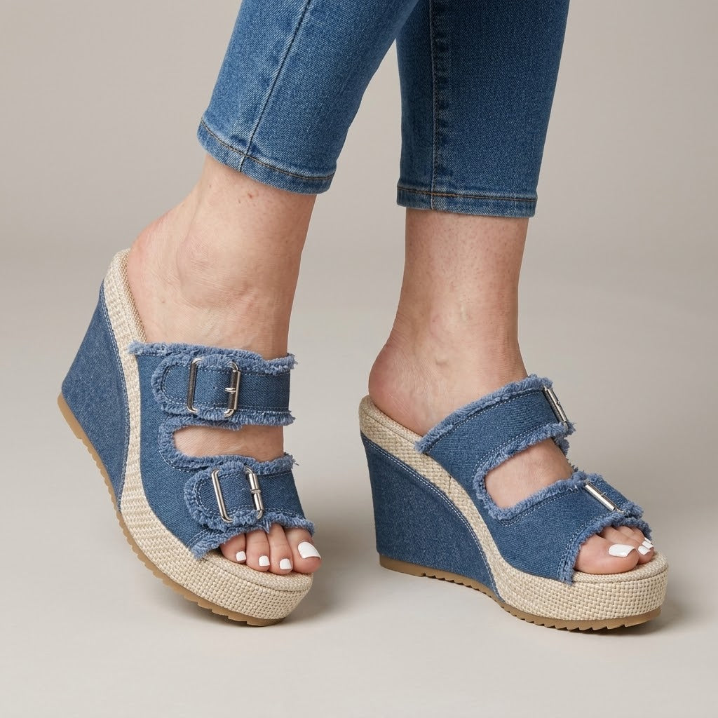 Women's Blue Denim Wedge Sandals — Open Toe Buckle Espadrille Platform Mules