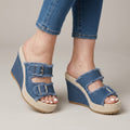 Women's Blue Denim Wedge Sandals — Open Toe Buckle Espadrille Platform Mules