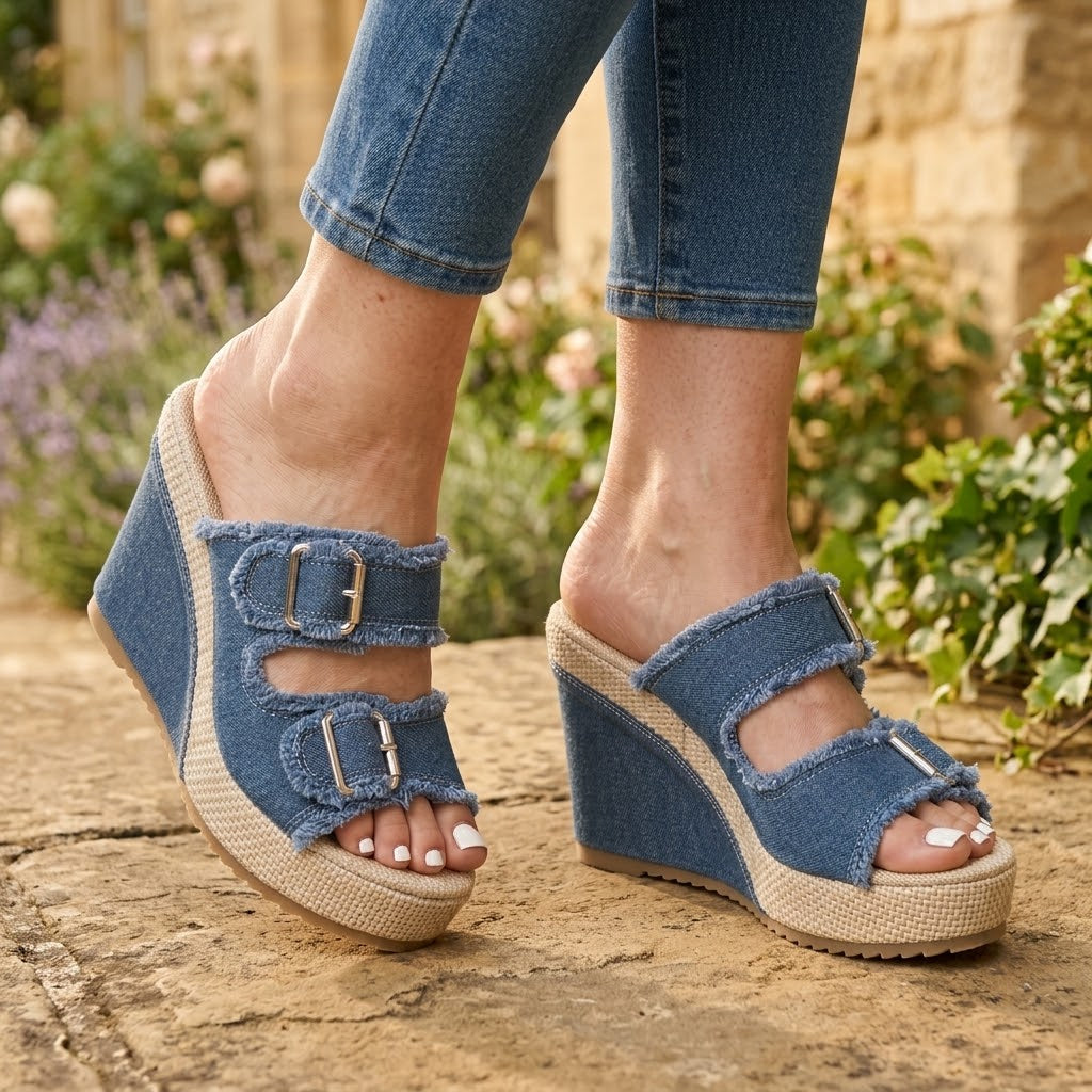 Women's Blue Denim Wedge Sandals — Open Toe Buckle Espadrille Platform Mules