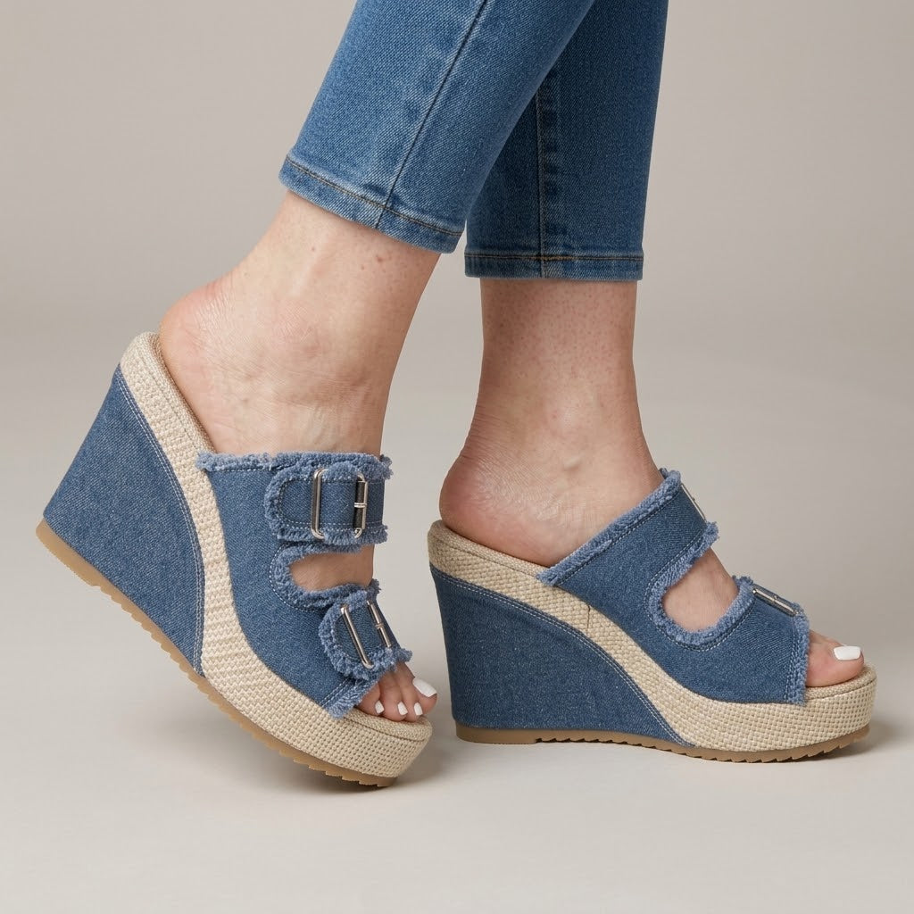Women's Blue Denim Wedge Sandals — Open Toe Buckle Espadrille Platform Mules