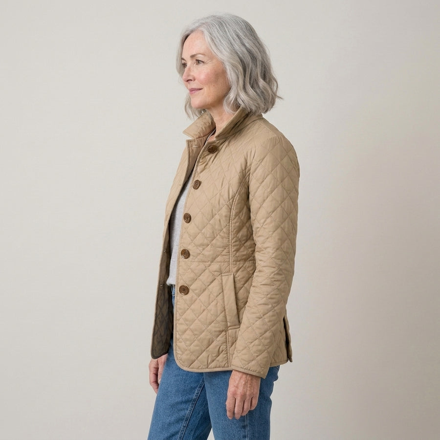 Ladies Beige Diamond Quilted Jacket – Classic Button Front, Collared, Tailored Fit