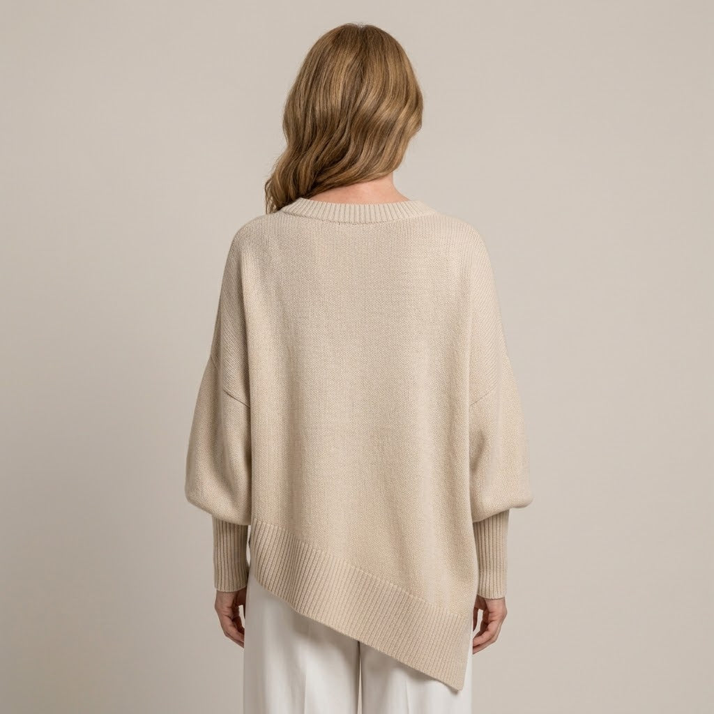 Women's Oversized Batwing Jumper — Draped Asymmetric Hem Knit Sweater