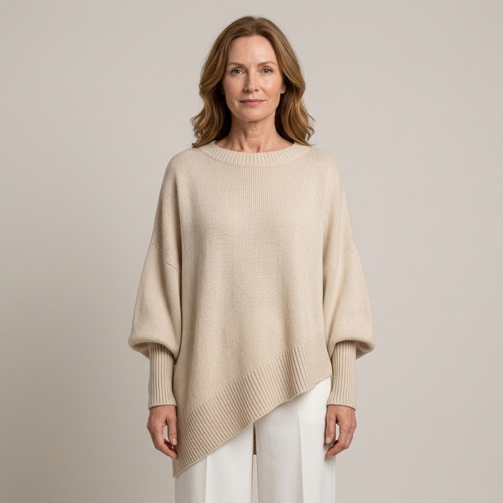 Women's Oversized Batwing Jumper — Draped Asymmetric Hem Knit Sweater