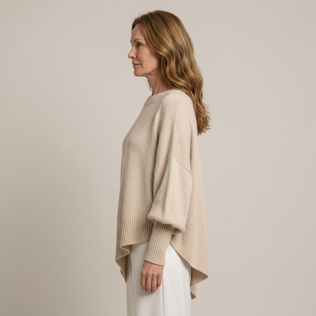 Women's Oversized Batwing Jumper — Draped Asymmetric Hem Knit Sweater