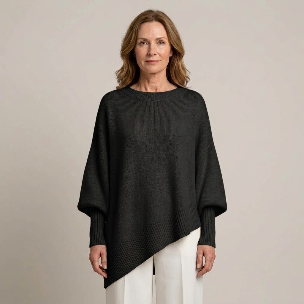 Women's Oversized Batwing Jumper — Draped Asymmetric Hem Knit Sweater