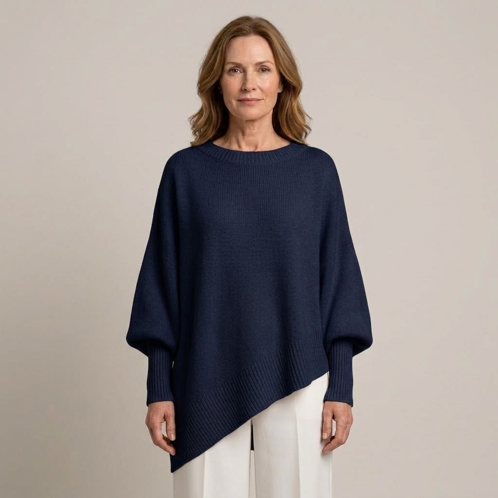 Women's Oversized Batwing Jumper — Draped Asymmetric Hem Knit Sweater