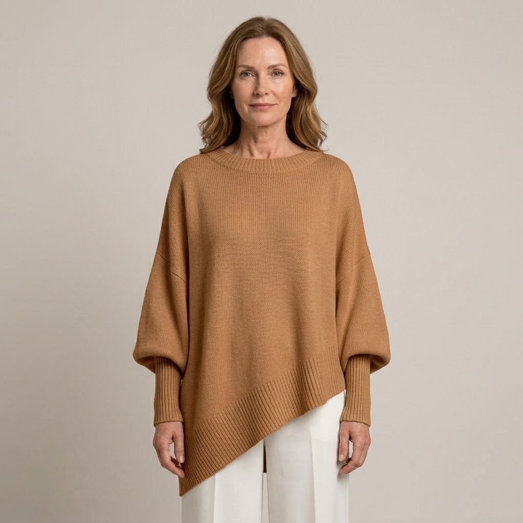 Women's Oversized Batwing Jumper — Draped Asymmetric Hem Knit Sweater