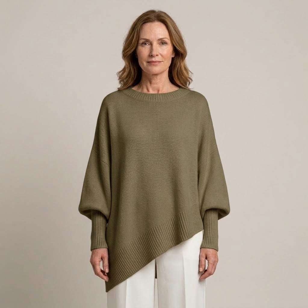 Women's Oversized Batwing Jumper — Draped Asymmetric Hem Knit Sweater