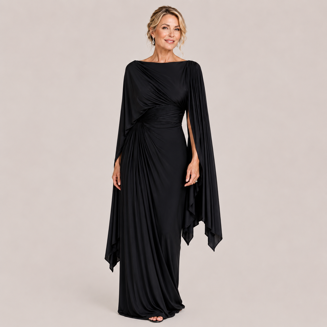 Clara Draped Cape Gown — Women's Ruched Boat Neck Occasion Maxi Dress