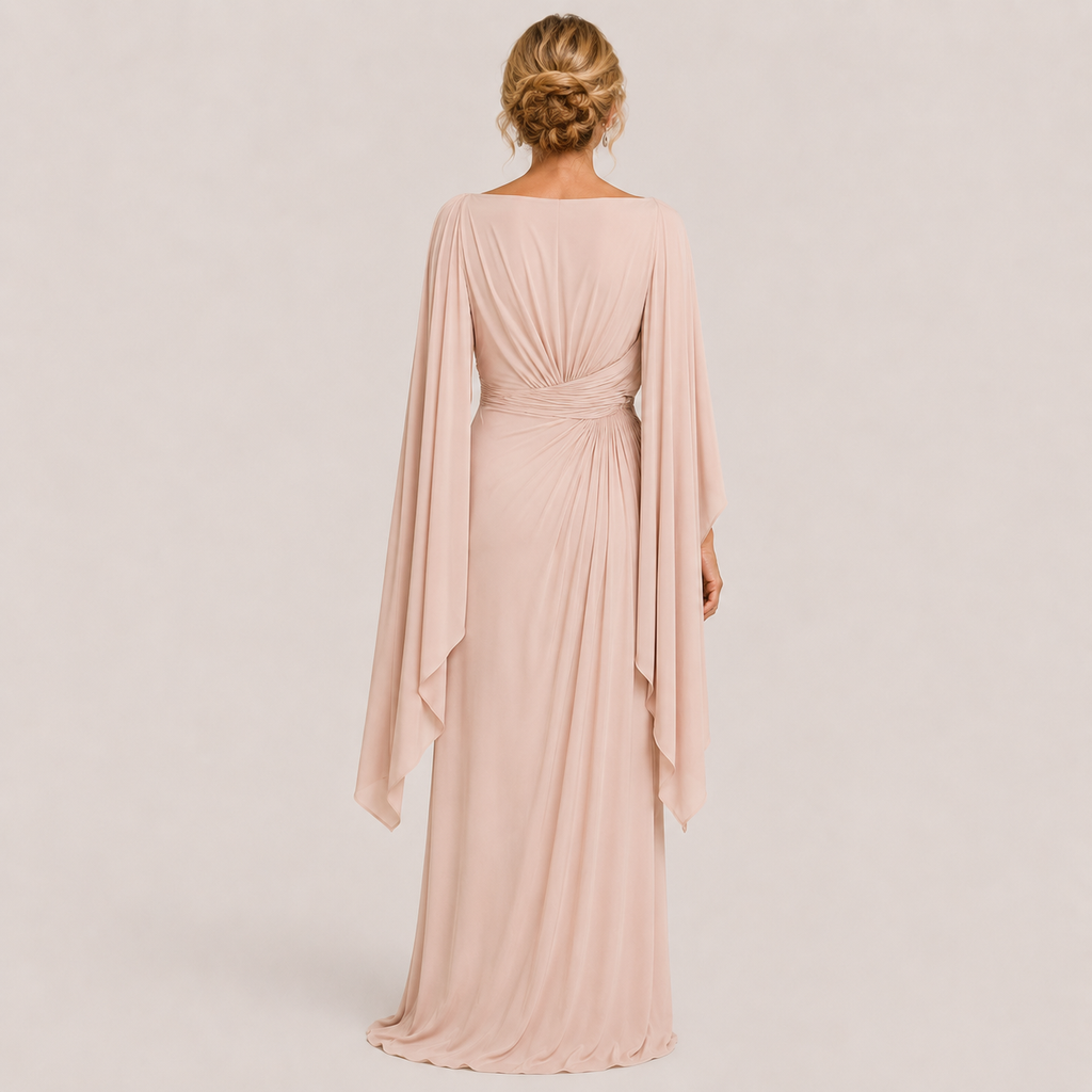 Clara Draped Cape Gown — Women's Ruched Boat Neck Occasion Maxi Dress