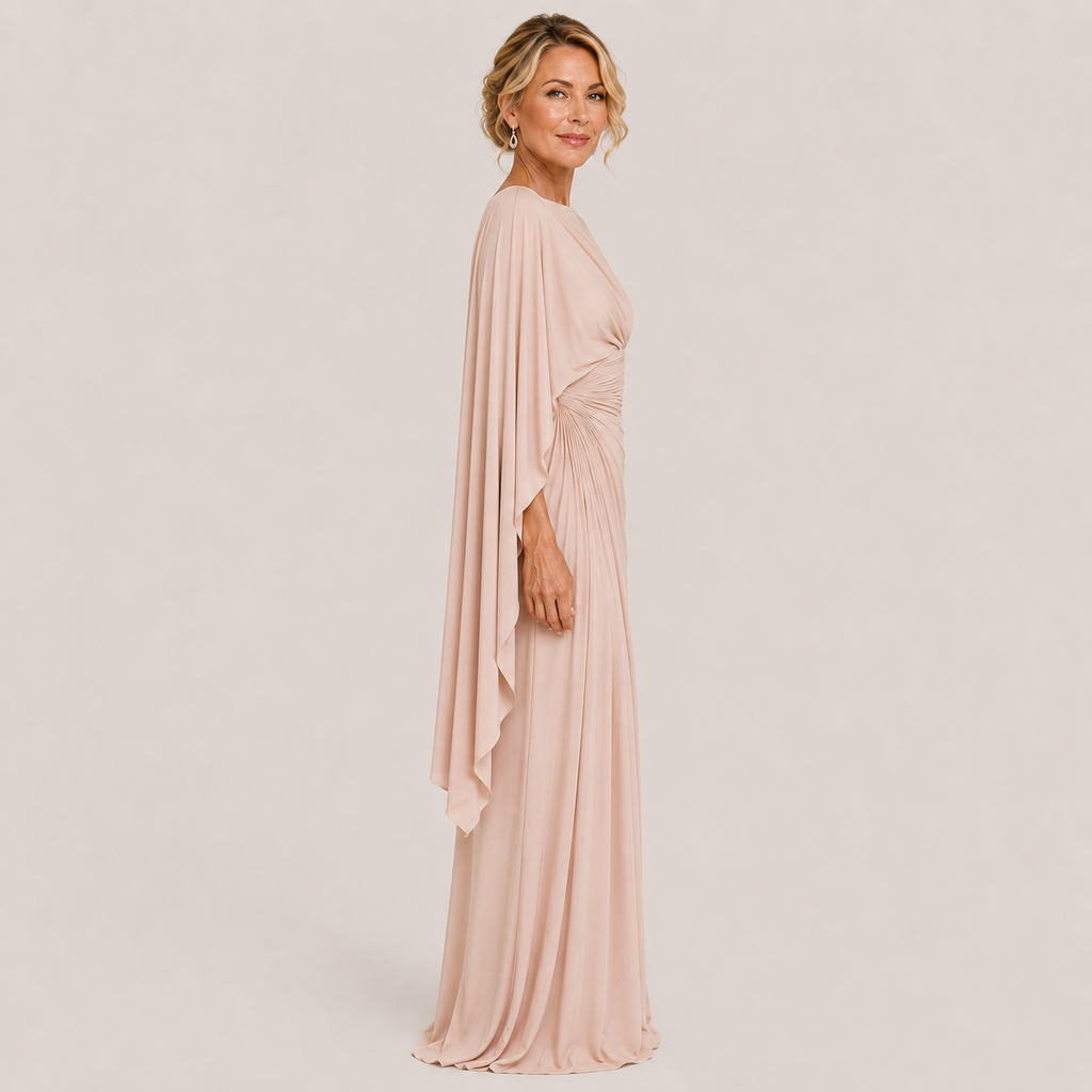 Clara Draped Cape Gown — Women's Ruched Boat Neck Occasion Maxi Dress