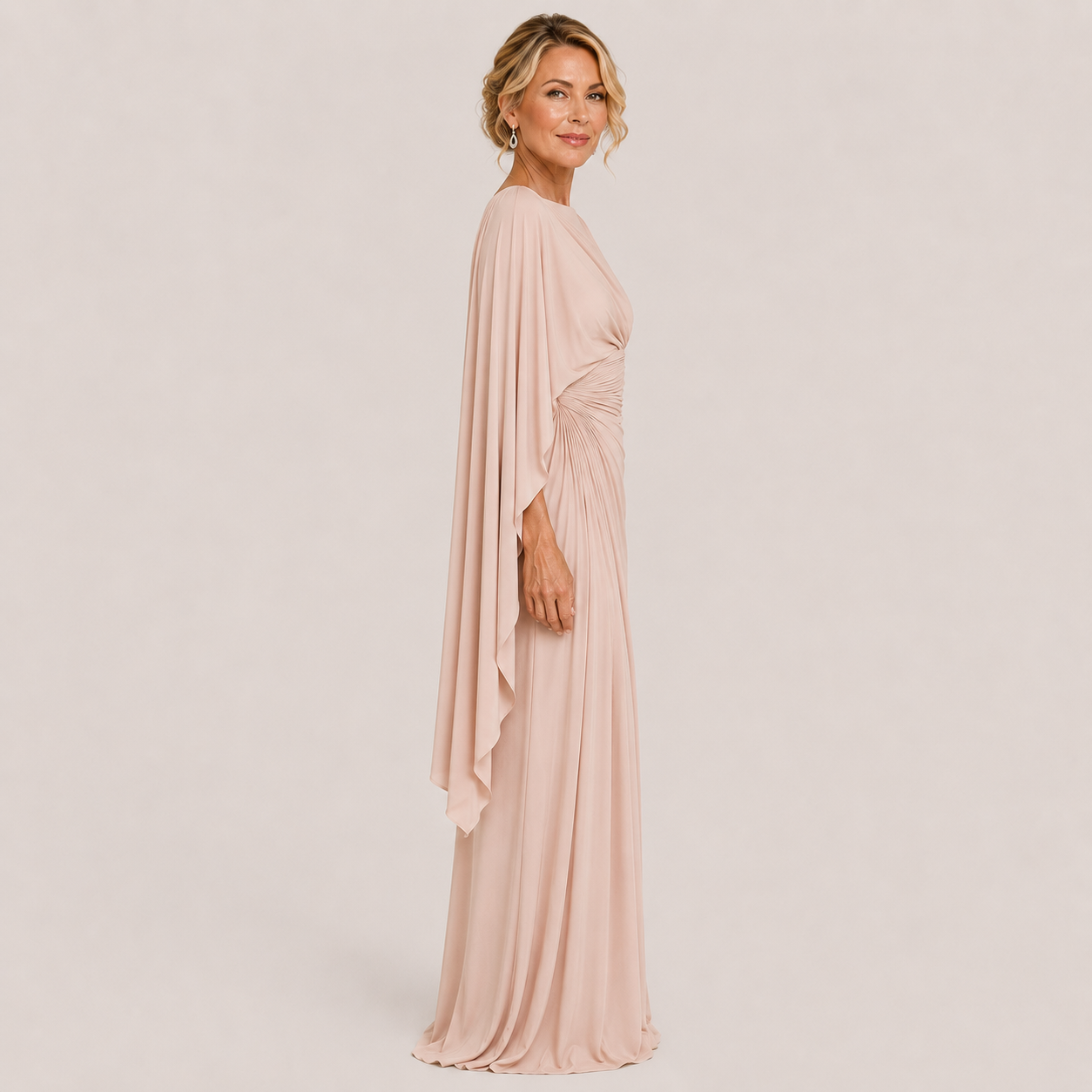 Clara Draped Cape Gown — Women's Ruched Boat Neck Occasion Maxi Dress