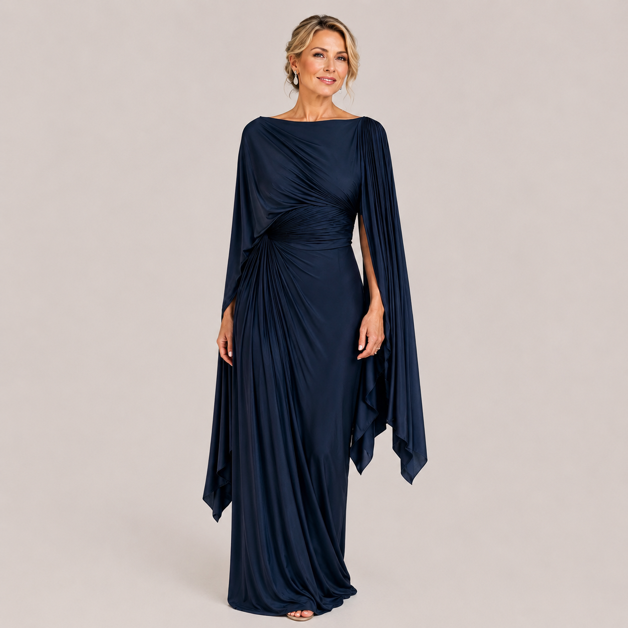 Clara Draped Cape Gown — Women's Ruched Boat Neck Occasion Maxi Dress