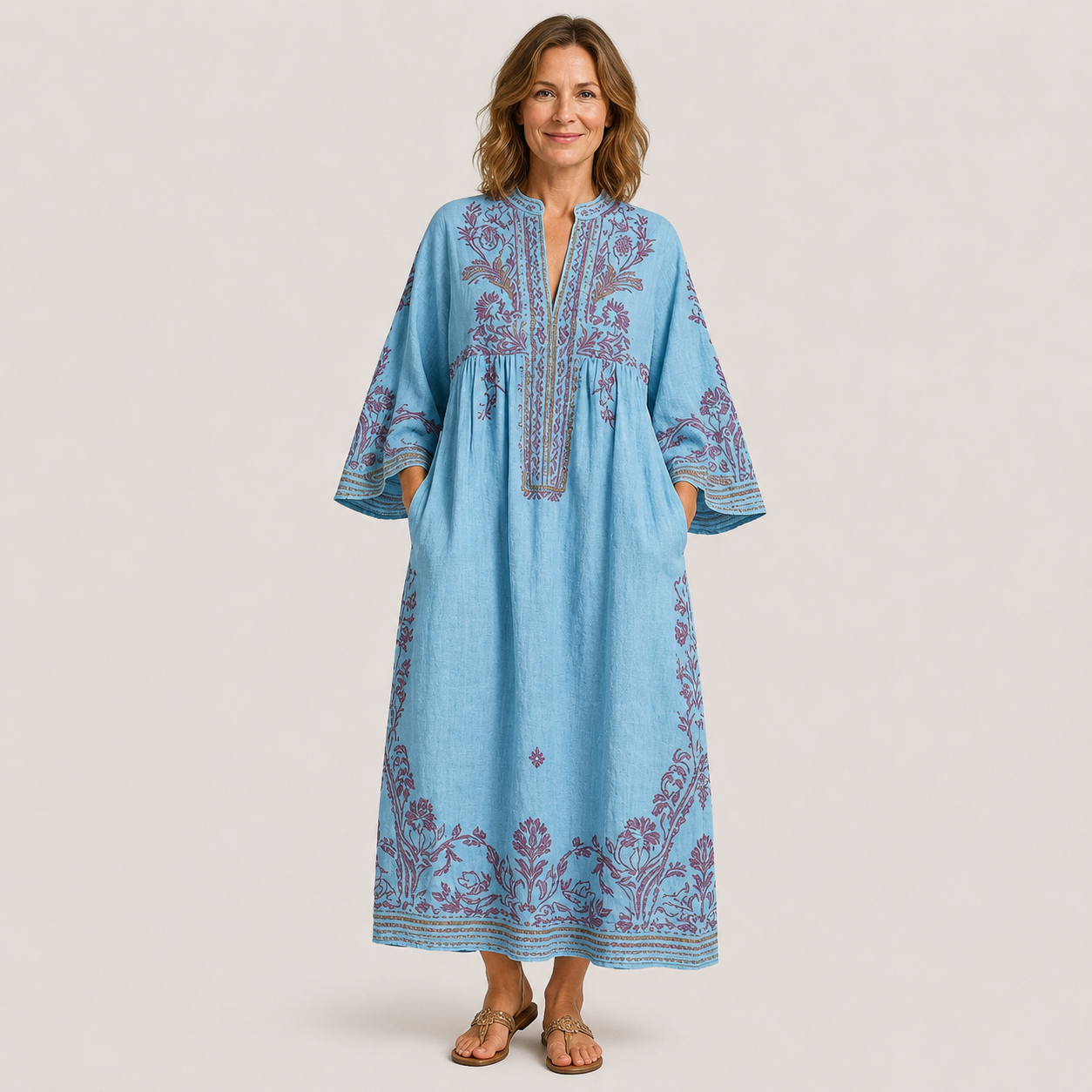 Clara Embroidered Kaftan Dress — Women's Boho Linen Look Maxi Dress