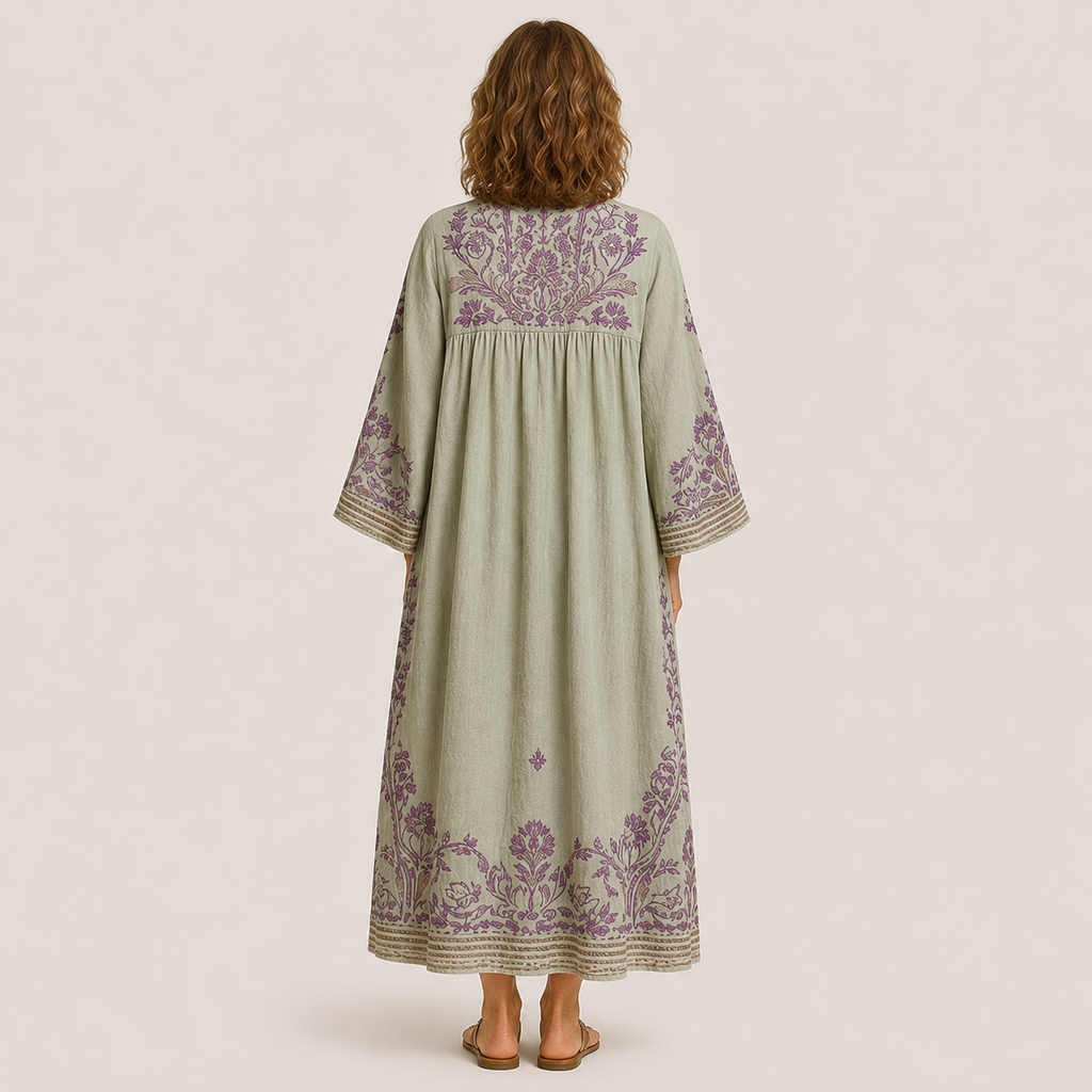 Clara Embroidered Kaftan Dress — Women's Boho Linen Look Maxi Dress