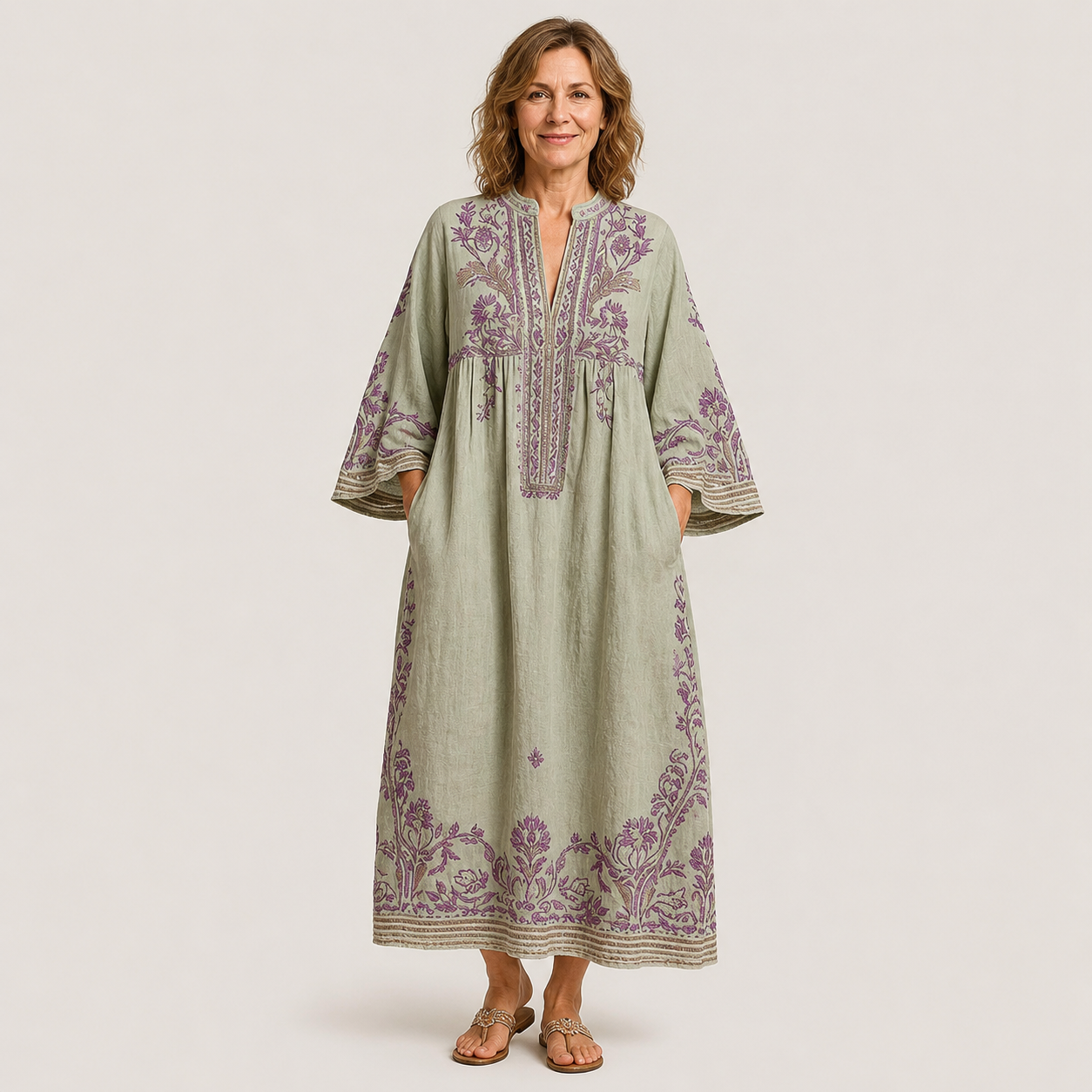 Clara Embroidered Kaftan Dress — Women's Boho Linen Look Maxi Dress