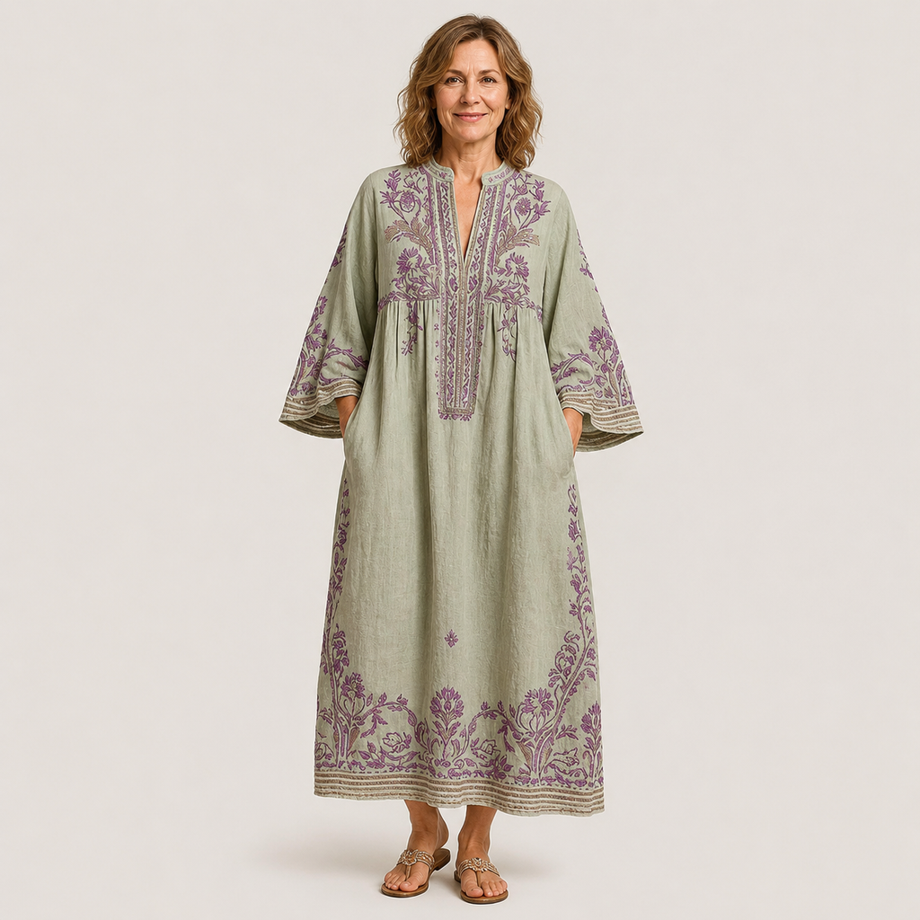 Clara Embroidered Kaftan Dress — Women's Boho Linen Look Maxi Dress