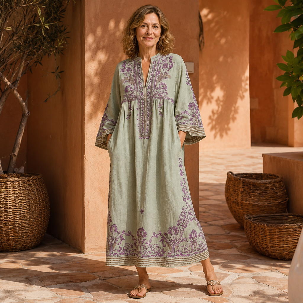 Clara Embroidered Kaftan Dress — Women's Boho Linen Look Maxi Dress